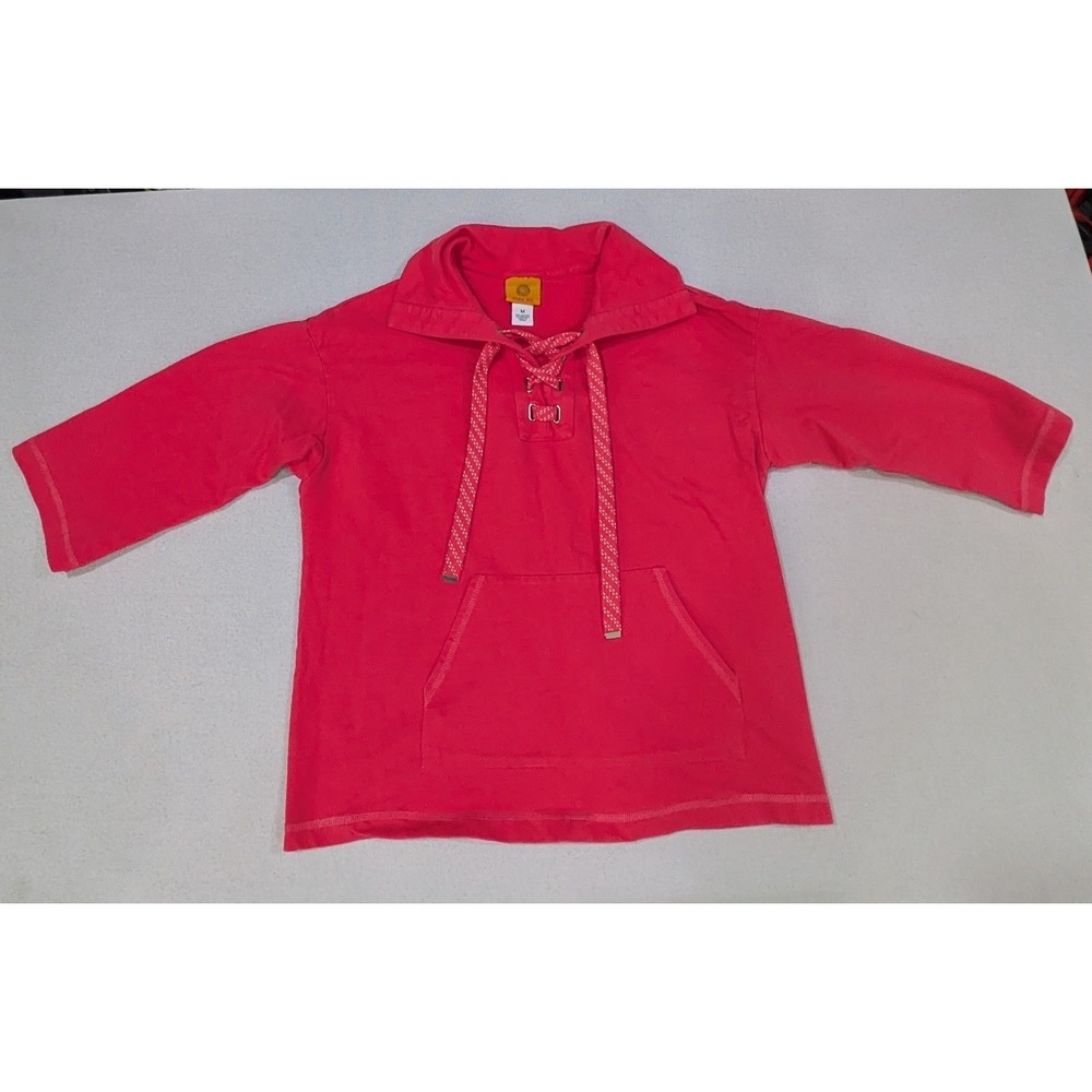 Ruby Rd Pullover Top Womens Medium Red Excellent Lace Up Kangaroo Pocket 3/4 Slv